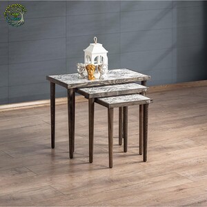 Mesa de Centro 3x | Mesa Lateral Exclusiva de Madeira e Pedra | Mesa Lateral Rústica Antiga Vintage Recuperada | Melhor Presente de Mesa para Decoração de Casa
