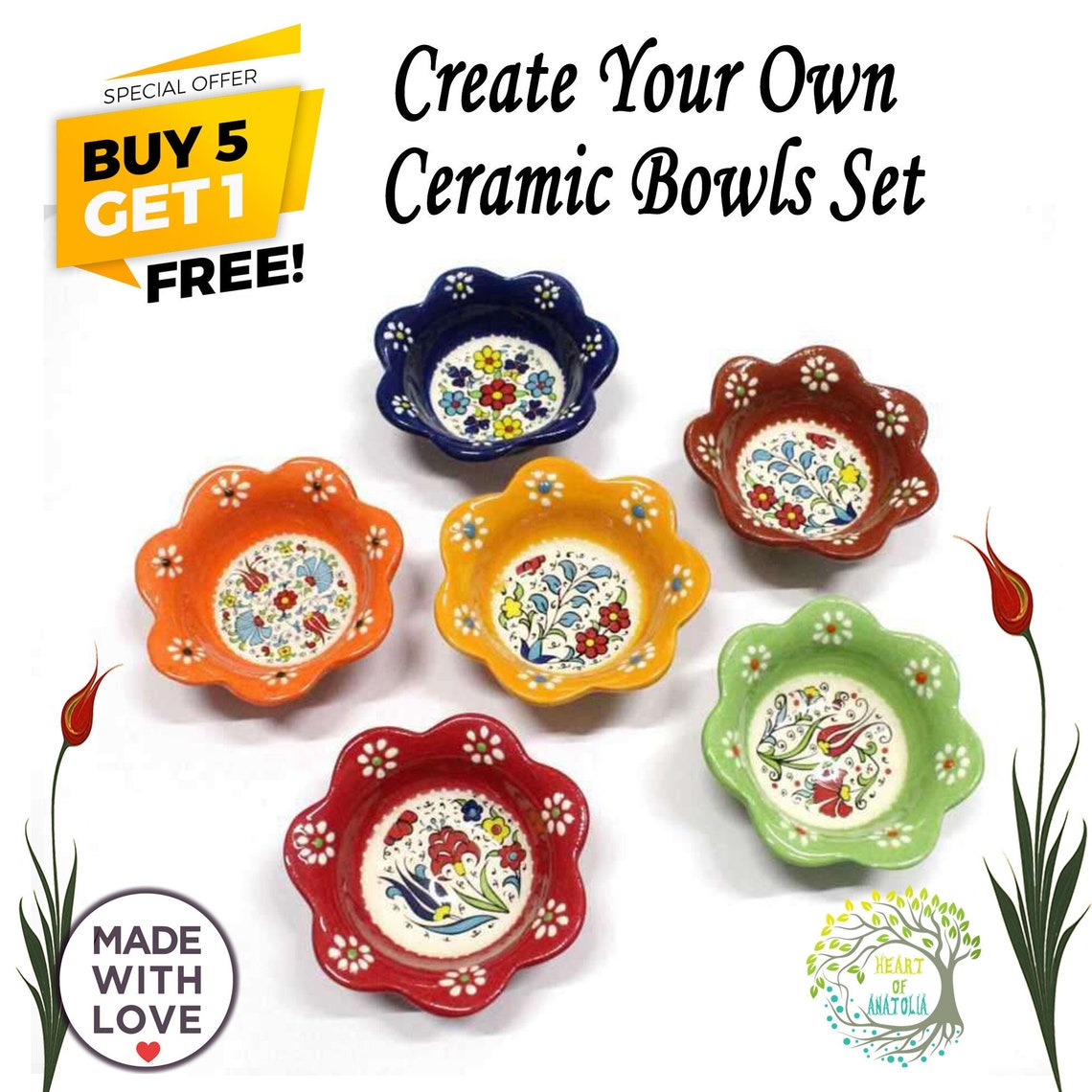 6x Small Ceramic Bowls Set 3.2 Daisy Turkish Greek Etsy