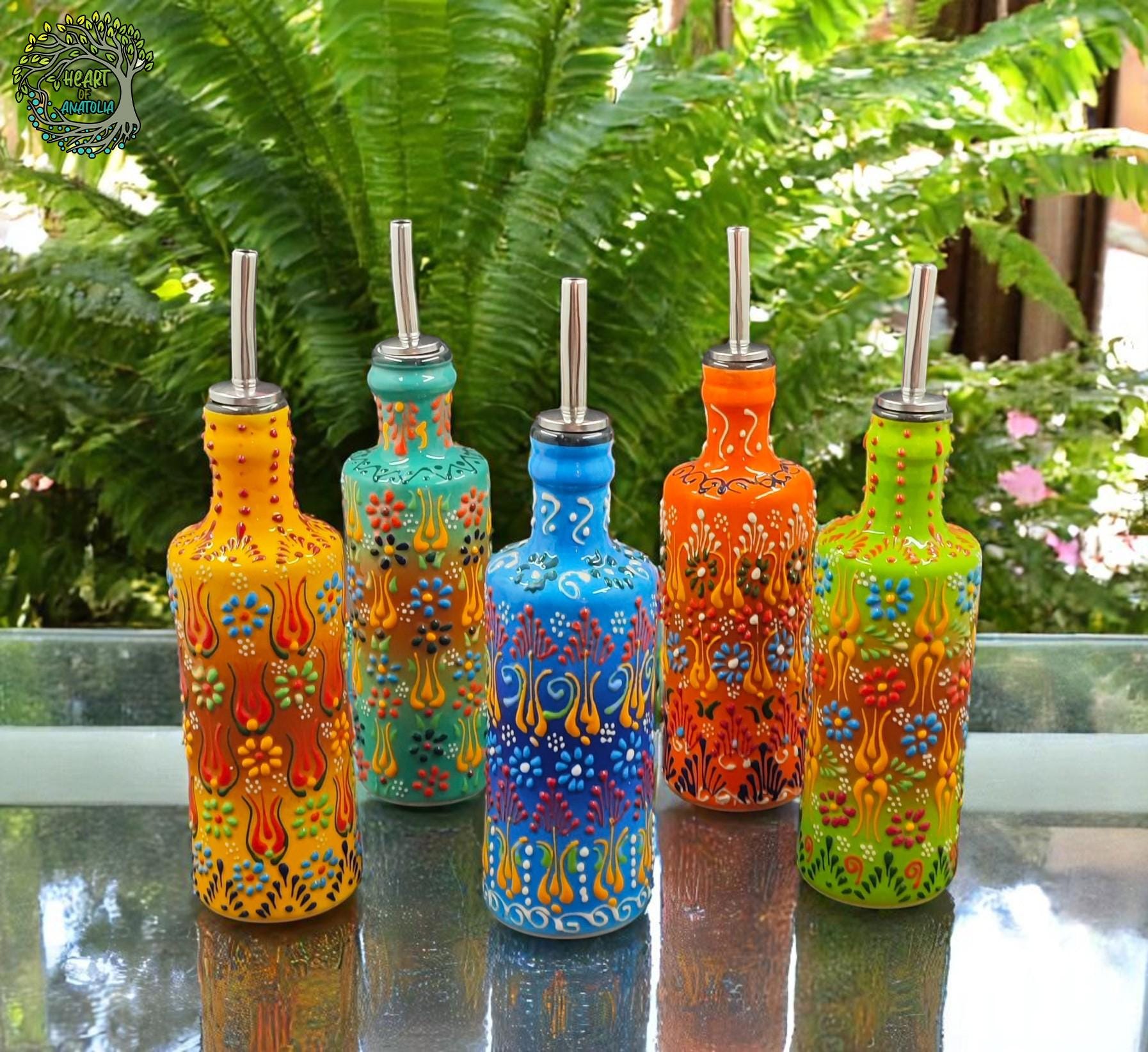 手作りの陶器製オリーブオイルディスペンサー | トルコ風の花柄オイル