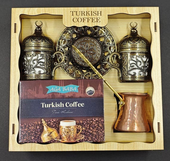 Turkish Coffee Set: Copper Coffee Pot & Ceramic Cups, Ottoman Style