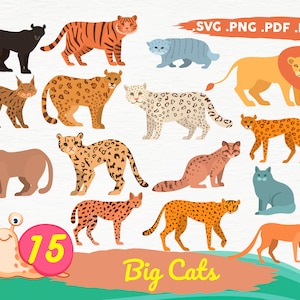 Grandes gatos svg, Cartoon Big Cats Clipart, Exotic Cats vida silvestre ,cliparts,Tiger svg, Lion svg, Leopard svg,Black Panther,print file, printable