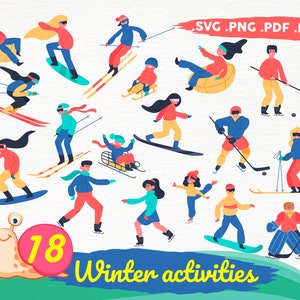 Winter-Aktivität, Aktivitäten, Sessellift Skifahrer, Skifahren, Ski, Schneemobil, Schneefahrzeug, Schneeball Kampf Rodeln Menschen spielen Schneemann, Vektor