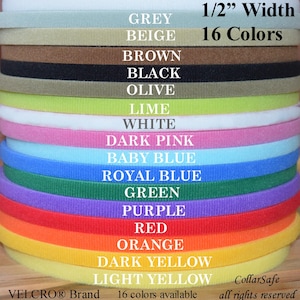 May include: A stack of 16 colored VELCRO® brand strips, each 1/2 inch wide. Colors include grey, beige, brown, black, olive, lime, white, dark pink, baby blue, royal blue, green, purple, red, orange, dark yellow, and light yellow. Text reads "16 Colors".