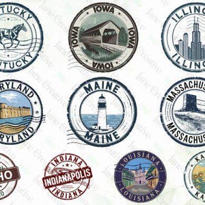 May include: Nine vintage-style round stamps with state names and illustrations. The stamps are in various colors, including blue, red, green, and brown. The illustrations include a horse, a covered bridge, a lighthouse, a fort, a city skyline, a street scene, and a field of sunflowers.