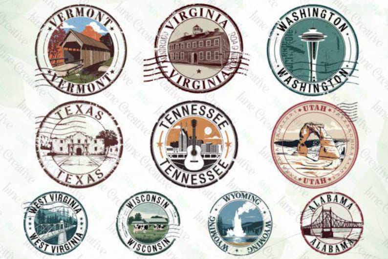 50 State USA Stamp PNG | Digital Download | United States Postal Stamp Clipart image 6