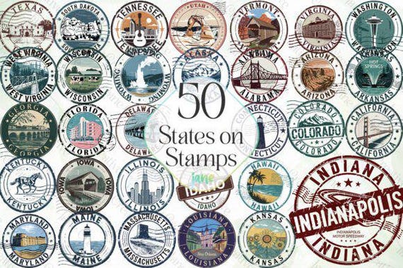 50 State USA Stamp PNG | Digital Download | United States Postal Stamp Clipart