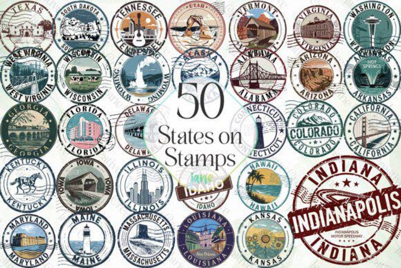 May include: A collection of 50 vintage-style postage stamps featuring illustrations of landmarks and symbols from each of the 50 states in the United States. The stamps are circular and have a distressed, worn look. The text "50 States on Stamps" is printed in the center of the image.