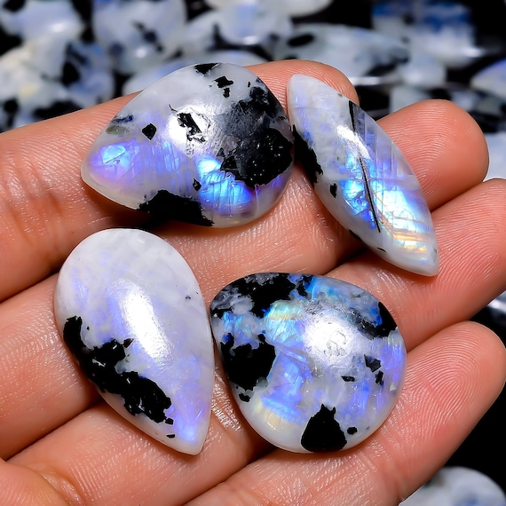 Natural Rainbow Moonstone with black Tourmaline Cabochon Etsy