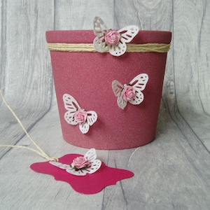 Dusty Pink Indoor Flower Pot with Butterflies and Paper Roses. Supplied with matching Gift Tag.