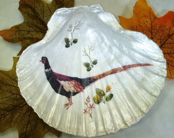 Scallop Shell with Decoupage. Pheasant Trinket Dish. Trinket Ring Dish.