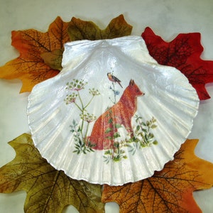 Scallop Shell with Decoupage. Fox Trinket Dish. Trinket Ring Dish.