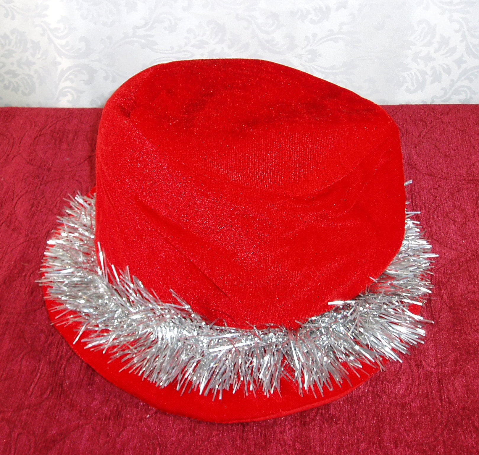 Pre-loved. Red Party Hat With Silver Tinsel. Ladies Red Hat  display picture 2