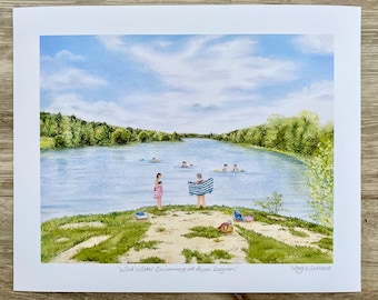 Giclée Print - Wild Water Swimming at Avon Lagoon.  Signed 9"x7" print of original pastel drawing, with 1" surround, unmounted, FREE P&P