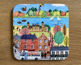 Coaster: Linlithgow Town scene with bus and kite