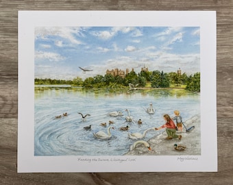 Giclée Print - Feeding swans at Linlithgow Loch.  Signed 9"x7" print of original pastel drawing, with 1" surround, unmounted, FREE P&P