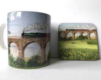Mug and coaster set - Flying Scotsman on Avon Viaduct, steam locomotive, 11oz glossy ceramic mug, pastel art, gift for train enthusiast