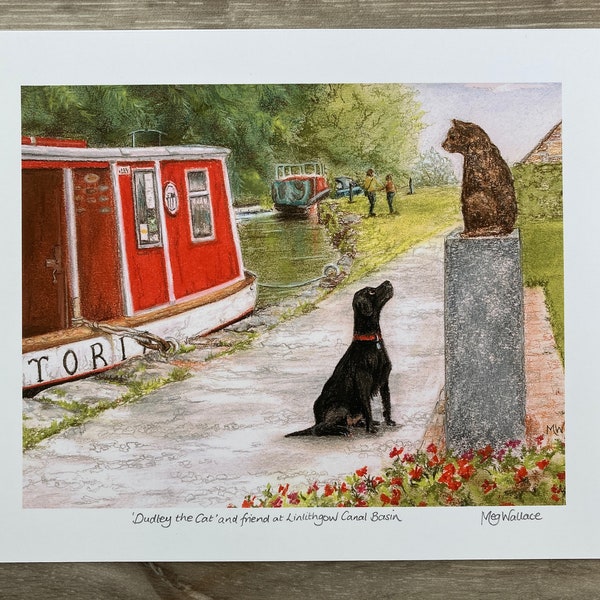 Giclée Print - Dudley the cat and friend at Linlithgow Canal Basin.  Signed 9x7" print of pastel drawing,  1" surround, unmounted, FREE P&P