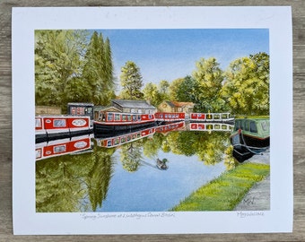 Giclée Print - .  Signed 9x7" print of pastel drawing, Spring Sunshine at Linlithgow Canal Basin.  1" surround, unmounted, FREE P&P