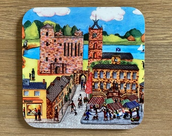 Coaster: Linlithgow Town scene with Palace and Loch