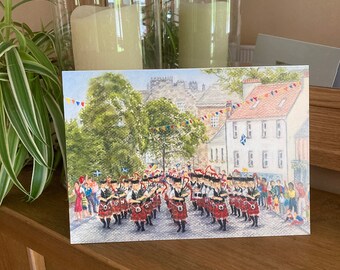 Greetings card - Pipe band on Marches Day, Linlithgow