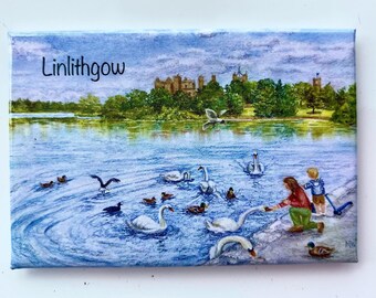 Fridge Magnet - Feeding swans at Linlithgow Loch.  3”x2”, strong magnet, in cellophane bag