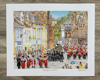Giclée print - Marches procession, Linlithgow. 9"x 7" signed print of original pastel drawing, with 1" surround, unmounted, FREE P&P