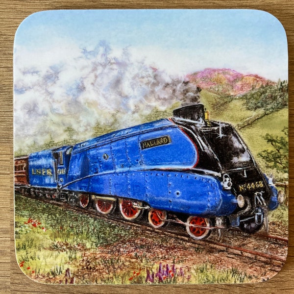 Coaster: Mallard steam locomotive steaming through the countryside.