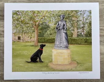 Giclée Print - .  Signed 9x7" print of pastel drawing, Mary, Queen of Scots and black lab.  1" surround, unmounted, FREE P&P