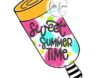 May include: A white popsicle with a pink, yellow, blue and green polka dot pattern. The popsicle has a black and white striped stick and says "Sweet Summer Time" in black cursive writing.