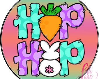 Könnte beinhalten: Ein rundes, farbenfrohes Design zum Thema Ostern mit den Worten "HOP HOP" in türkisfarbenen und lila gepunkteten Buchstaben. Eine orange Karotte und ein weißes Kaninchen mit einer rosa Blume befinden sich in der Mitte. Der Hintergrund ist ein Farbverlauf aus Rosa, Orange und Türkis.