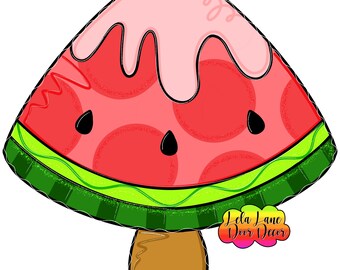 May include: A watermelon slice popsicle with pink frosting and a brown stick. The popsicle has a green rind with black seeds and a green and white striped pattern. The text "Lola Lane Door Decor" is in the lower right corner of the image.