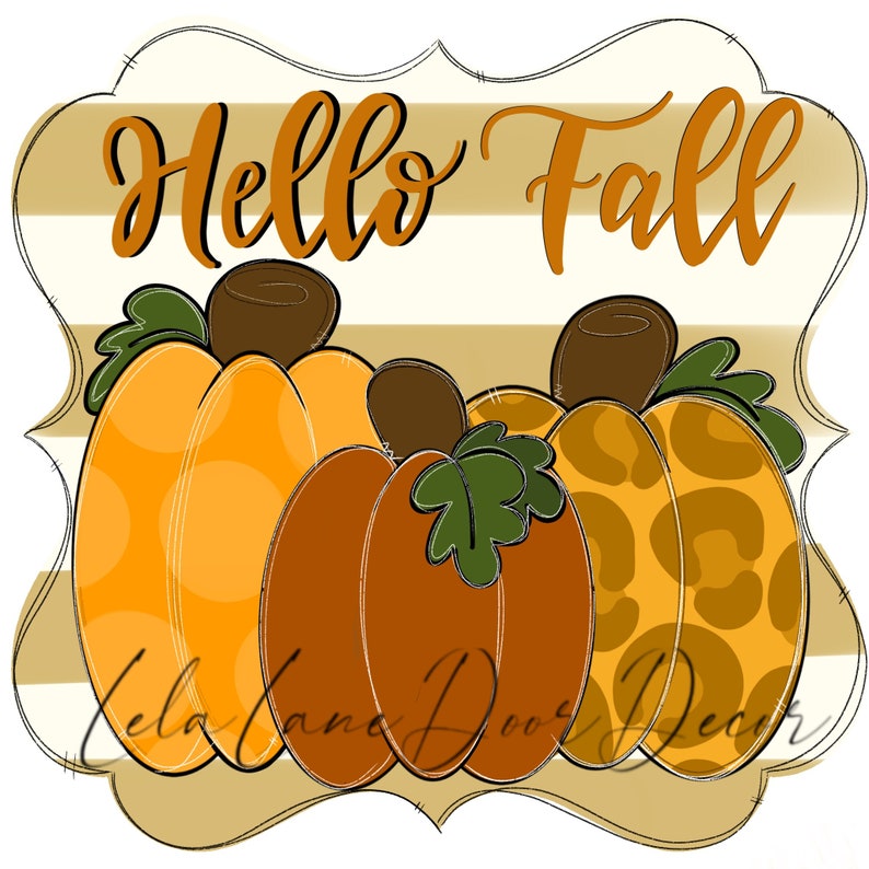 K&ouml;nnte beinhalten: Eine digitale Illustration von drei K&uuml;rbissen mit dem Text "Hello Fall" auf einem gestreiften Hintergrund. Die K&uuml;rbisse sind orange, braun und orange mit einem Leopardenmuster.