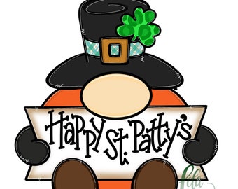 Puede incluir: Un gnomo de dibujos animados con un sombrero negro con un trébol verde y sosteniendo un cartel que dice "Happy St. Patty's".