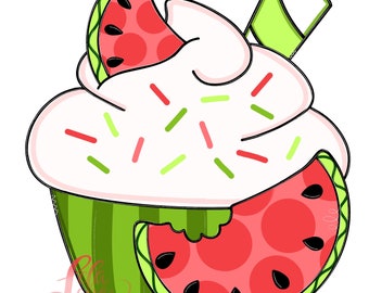 May include: A green and white cupcake with watermelon slices and sprinkles. The cupcake has a green straw sticking out of the top.