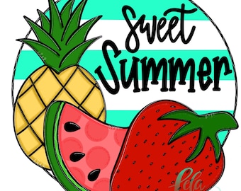 May include: A colorful summer-themed graphic featuring a pineapple, watermelon slice, and strawberry. The words "Sweet Summer" are written in black script on a white and turquoise striped background, perfect for summer decor.