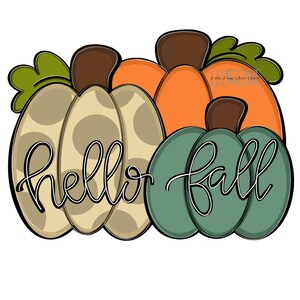 Puede incluir: Tres calabazas con el texto "hello fall" en letra cursiva negra. Las calabazas son beige con manchas marrones, naranja y verde azulado.