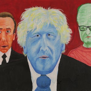 May include: A painting of three men. The man on the left has orange skin and is wearing a black suit and tie. The man in the middle has blue skin and blonde hair and is wearing a black suit and blue tie. The man on the right has green skin and is wearing a red shirt.