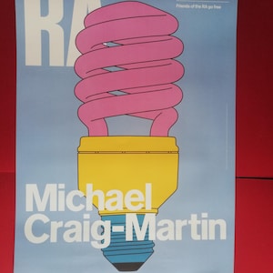 May include: Poster with a light blue background. It features a large pink spiral lightbulb with a yellow base and blue bottom. The text "Michael Craig-Martin" is in white, with "RA" at the top. The poster also includes the dates "21 September - 10 December 2024".