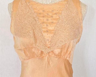 Handmade 1940s vintage heirloom long SILK slipdress with lace collar and embroidery.