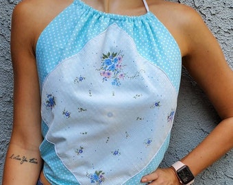 Reversible Halter Top: Vintage Handkerchief & Floral Cotton