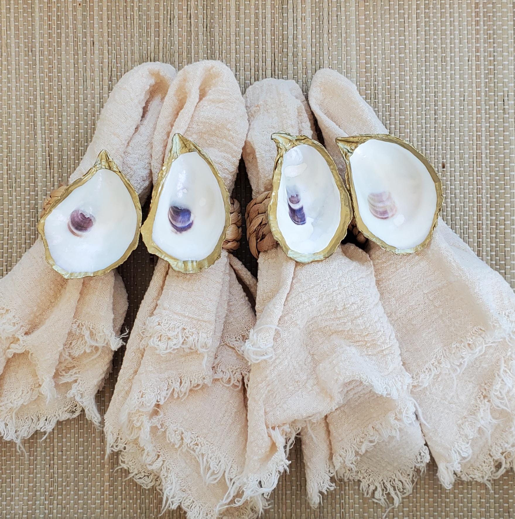 Gilded Oyster Shell Napkin Rings - Coastal Beach House Decor - Set of 4