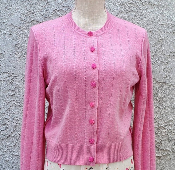 Bunny Soft Pink Cardigan Sweater W Pink Rosebud Flower Buttons. Size Medium. Etsy Canada