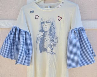 Reworked Stevie Nicks Tee: Upcycled Vintage Band T-Shirt with Gingham Sleeves
