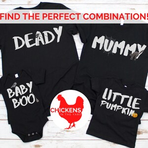May include: A set of four black t-shirts with Halloween-themed text and graphics. The shirts feature the phrases "Deade", "Mummy", "Baby Boo", and "Little Pumpkin".