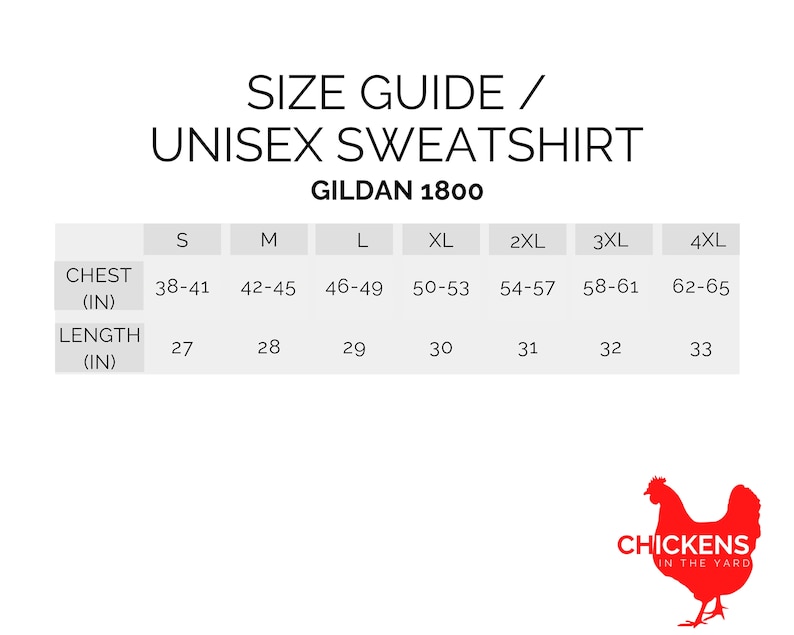 May include: Size chart for a unisex Gildan 1800 sweatshirt, showing chest and length measurements in inches for sizes S through 4XL.