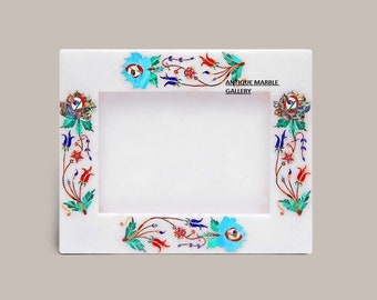 Decorative White Marble Inlay Photo Frame,Semi Precious Stones Inlaid Floral Design,Showpieces Item For Home Decoration