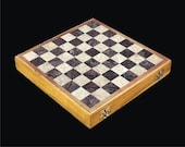 Marble stone chess set game Wooden board soapstone chess pieces hand carved storage inside board vintage unique best for gifting.