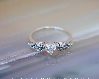 S925 Sterling Silber Dreamy Herz Flügel Ring mit weißen Zirkonia für Frauen Pandora Style
