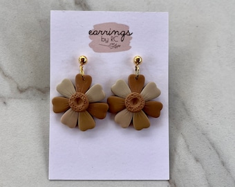 CLAY EARRINGS | Neutral Flower Dangle Polymer Clay Handmade Earrings
