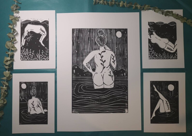 Water Art Moonlit Swim Skinny Dip Print Wild Swimmer Gift Mini Water Collection Lino Prints Wild Swimming Art Scottish Artist